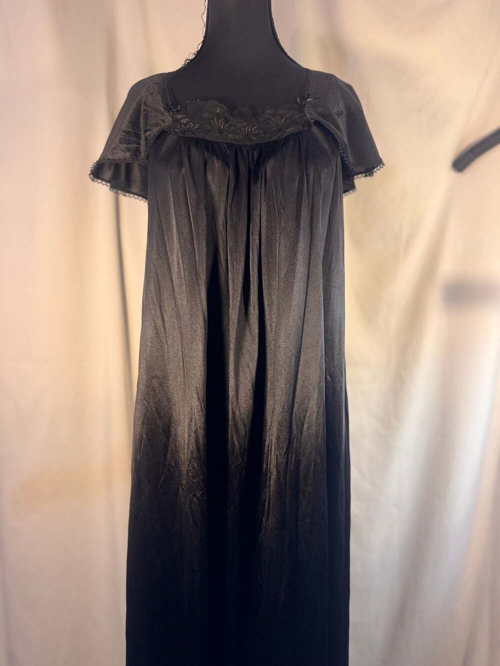 Vintage Vanity Fair Black Nylon Tricot Long Nightgown with Lace Trim